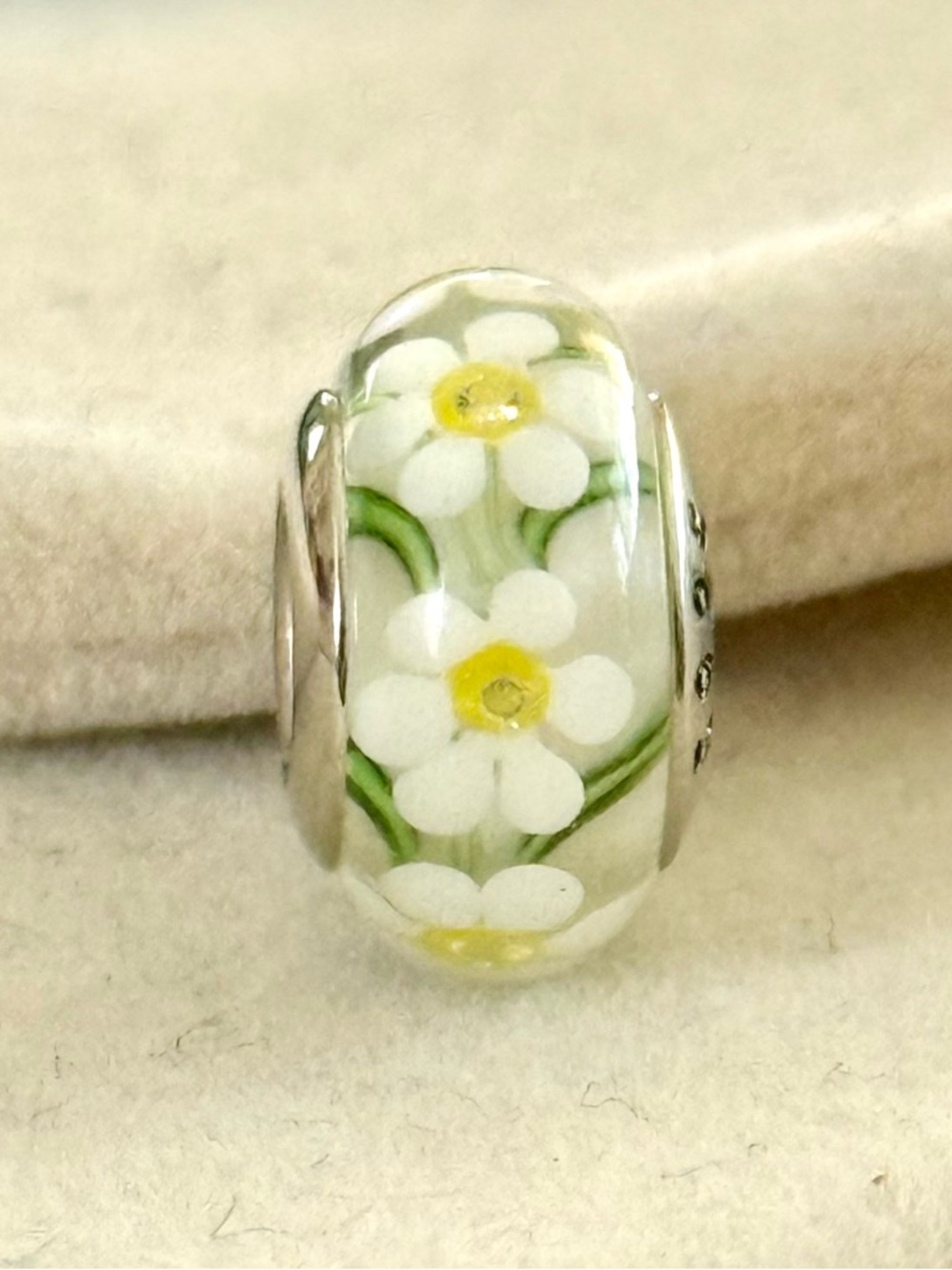 White Floral Murano Glass Charm fit Pandora Bracelets